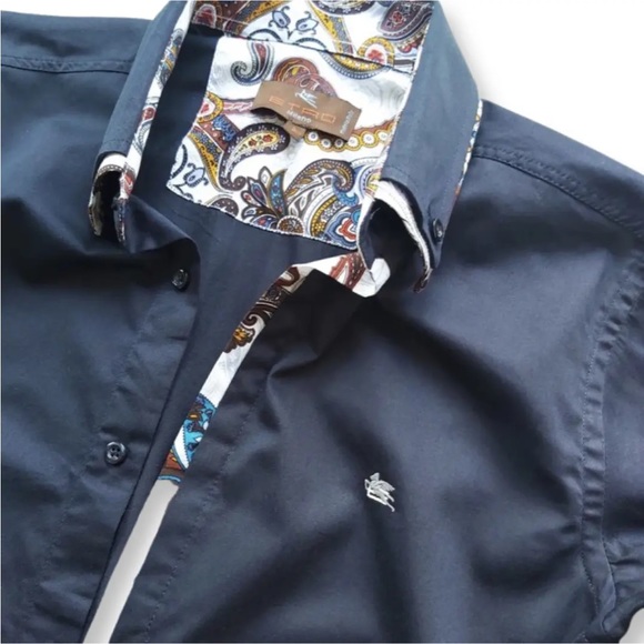 Etro Milano Vintage Navy Blue Button Front Men's Shirt,Size S - Picture 5 of 9